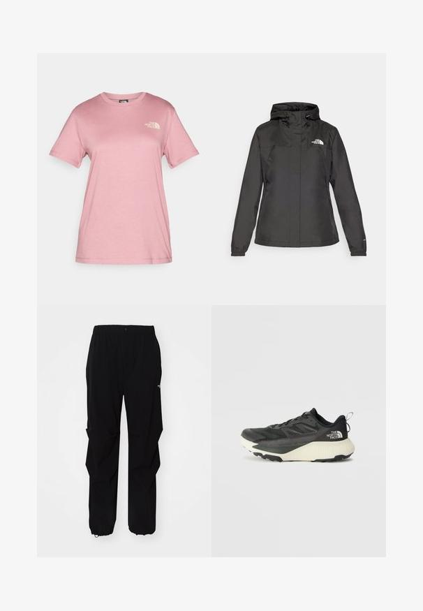Black waterproof jacket with a fitted design, adjustable drawstring hood, and elastic cuffs. Features logo on left chest and smooth texture.; Light pink short-sleeve T-shirt made from soft cotton with a crew neck and a small white logo of "The North Face" on the chest.; Black outdoor pants made from durable material, featuring a relaxed fit, elastic waistband, and cinched cuffs for adjustable length.; Black athletic shoe with a textured upper, featuring gray accents and a white midsole. Includes a pull tab and prominent brand logo on the heel.