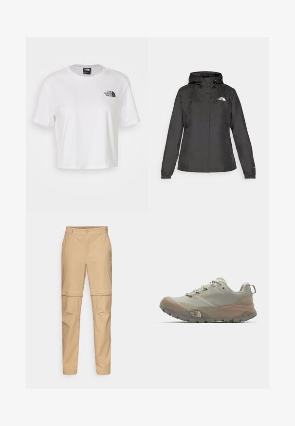 Crna vodootporna jakna s uskim krojem, podesivim kapuljačom s vezicom i elastičnim manžetama. Sadrži logo na lijevoj strani prsnog koša i glatku teksturu.; Bijela kratka majica od pamuka s okruglim izrezom i kratkim rukavima. Sadrži crni logo na lijevoj strani prsnog koša.; Bež hlače s zatvaračem koje se mogu ukloniti, s ravnim prednjim dijelom, zatvaranjem na gumb i suženim nogavicama. Izrađene od lagane tkanine s glatkom teksturom.; Svijetlosiva atletska cipela s bež naglascima, izrađena od sintetičkog materijala. Ima robustan potplat, dizajn na vezanje i branding sa strane.