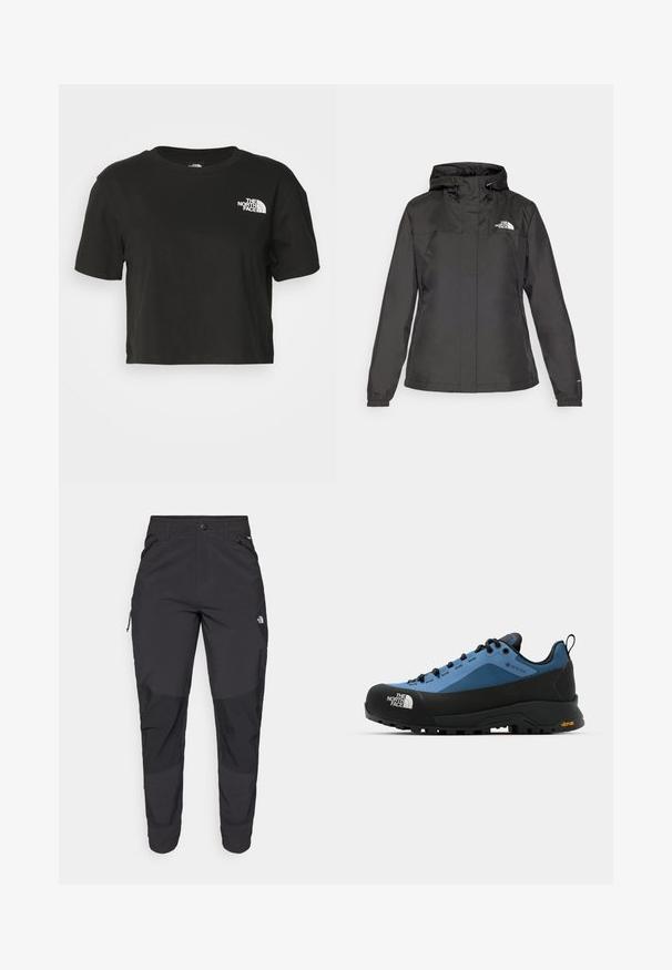 Casaco impermeável preto com design ajustado, capuz com cordão ajustável e punhos elásticos. Apresenta logotipo no lado esquerdo do peito e textura suave.; T-shirt cropped preto feito de algodão. Apresenta um decote redondo e mangas curtas, com um logótipo branco na área esquerda do peito.; Calças pretas para exterior feitas de um tecido resistente. Apresentam bolsos com fecho, painéis de joelhos reforçados e um design de corte reto para maior mobilidade.; Sapatos de caminhada em azul e preto com um design à prova d'água, tecido texturizado e sola de borracha Vibram para uma melhor aderência e durabilidade.
