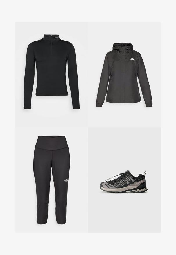 Zwarte waterdichte jas met een aansluitend ontwerp, verstelbare trekkoordkap en elastische manchetten. Heeft een logo op de linkerborst en een gladde textuur.; Zwarte langslavige basislaag met een hoge kraag en een kwart-ritssluiting. Soepele textuur en nauwsluitend ontwerp voor geoptimaliseerde prestaties.; Zwarte capri-legging gemaakt van rekbare stof, met een hoge tailleband en een klein wit logo aan de linkerkant. Glad textuur.; Zwart en grijs sportieve schoen met een bovenwerk van mesh, rubberen zool en een elastisch vetersysteem. Heeft een verstevigde neus en textuuraccenten.
