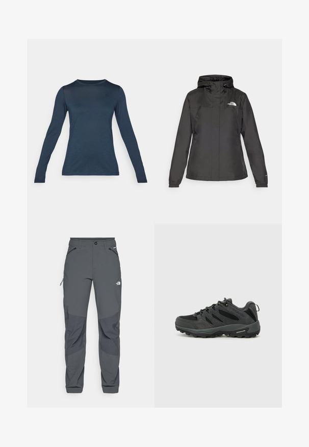 Juodas vandeniui atsparus švarkas su prisiūtu dizainu, reguliuojama pasukimo gobtuvu ir elastingais rankogaliais. Pakabinta logotipas kairėje krūtinės pusėje, sklandžią tekstūrą.; Tamsiai mėlynos spalvos ilgomis rankovėmis marškiniai, pagaminti iš lengvo audinio. Didesnis apykaklės iškirpimas ir mažas emblema ant krūtinės. Sklandus paviršius.; Tamsiai pilkos lauko kelnės su sustiprintomis kelio kišenėmis, užtrauktukais šoninėse ir priekinėse kišenėse, mygtuko uždarymu ir The North Face logotipu ant šlaunies.; Columbia REDMOND - Turistiniai batai - black/citron haze