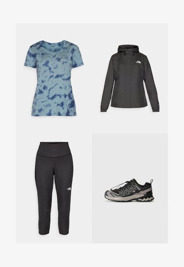 Musta vesitiivis takki, jossa on istuva muotoilu, säädettävä nyöripäällinen ja elastiset hihansuut. Vasemmassa rinnassa logo ja sileä pinta.; Lyhythihainen t-paita vaaleansinisellä tummansinisellä tie-dye-kuviolla. Pyöreä pääntie ja teksturoitu kangas. Normaali mitoitus ilman näkyvää varustusta.; Mustat capri-collegehousut, jotka on valmistettu joustavasta kankaasta. Ne sisältävät korkean vyötärön ja pienen valkoisen logon vasemmalla puolella. Silkkinen pinta.; Mustat ja harmaat urheilukengät, joissa on verkkosukkula, kumipohja ja joustava nauhajärjestelmä. Ominaisuuksiin kuuluu vahvistettu kärki ja teksturoidut yksityiskohdat.