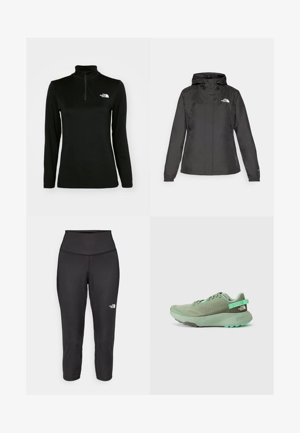 Črna vodoodporna bunda s prilegajočim dizajnom, nastavljivo kapuco z vrvico in elastičnimi manšetami. Ima logotip na levem prsnem delu in gladko teksturo.; Črn pulover z dolgimi rokavi, visokim ovratnikom in četrt-zip zapiranjem, izdelan iz gladkega materiala, z belim logotipom na levem prsnem delu.; Črne capri legice iz raztegljive tkanine, z visokim pasom in majhnim belim logotipom na levi strani. Gladka tekstura.; Zelena športna obutev z mrežastim zgornjim delom, teksturiranimi detajli in debelim gumijastim podplatom. Ima zanko za lažje obuvanje in detajl z logotipom na peti.