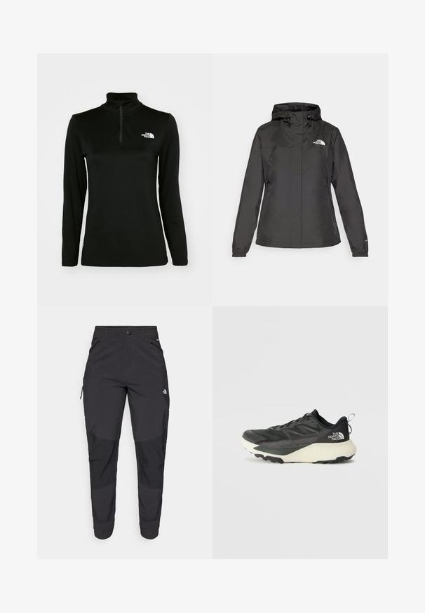 Jachetă impermeabilă neagră cu un design ajustat, glugă cu șnur reglabil și manșete elastice. Prezintă logo pe pieptul stâng și o textură netedă.; Pulover negru cu mâneci lungi, guler înalt și fermoar pe un sfert, fabricat dintr-un material neted, având un logo alb pe partea stângă a pieptului.; Pantaloni de exterior negri, dintr-un material rezistent. Prezintă buzunare cu fermoar, panouri întărite pentru genunchi și un design drept pentru mobilitate.; Pantofii sport negri cu un superior texturat, având accente gri și o talpă intermediară albă. Include un sistem de prindere și un logo de marcă proeminent pe călcâi.