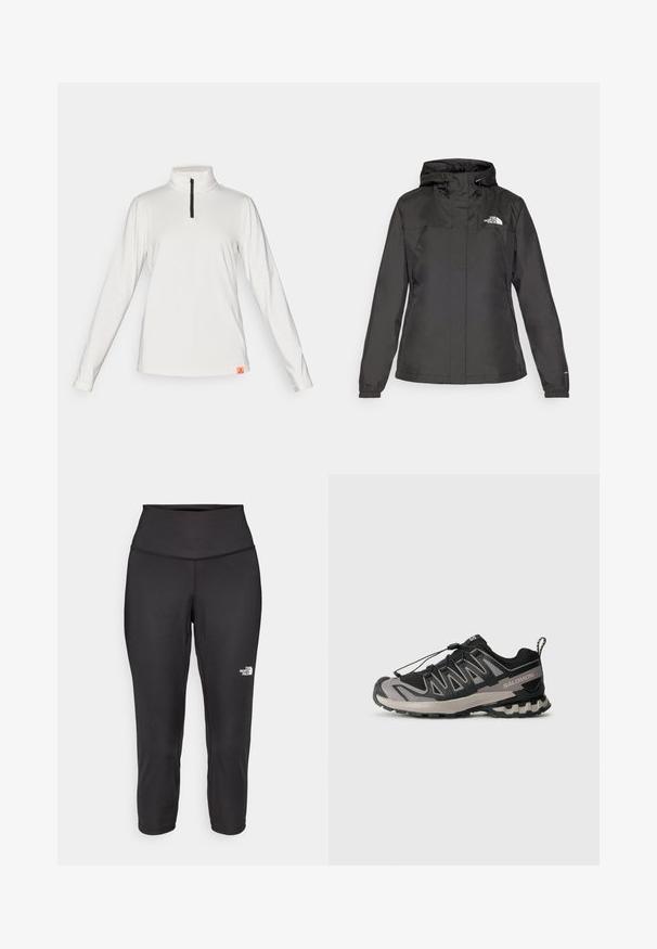 Black waterproof jacket with a fitted design, adjustable drawstring hood, and elastic cuffs. Features logo on left chest and smooth texture.; Long-sleeve white performance top with a high collar and quarter zip. Features black zipper and small orange brand label at the hem.; Black capri leggings made from stretchy fabric, featuring a high waistband and a small white logo on the left side. Smooth texture.; Black and gray athletic shoe with mesh upper, rubber sole, and elastic lace system. Features a reinforced toe and textured accents.