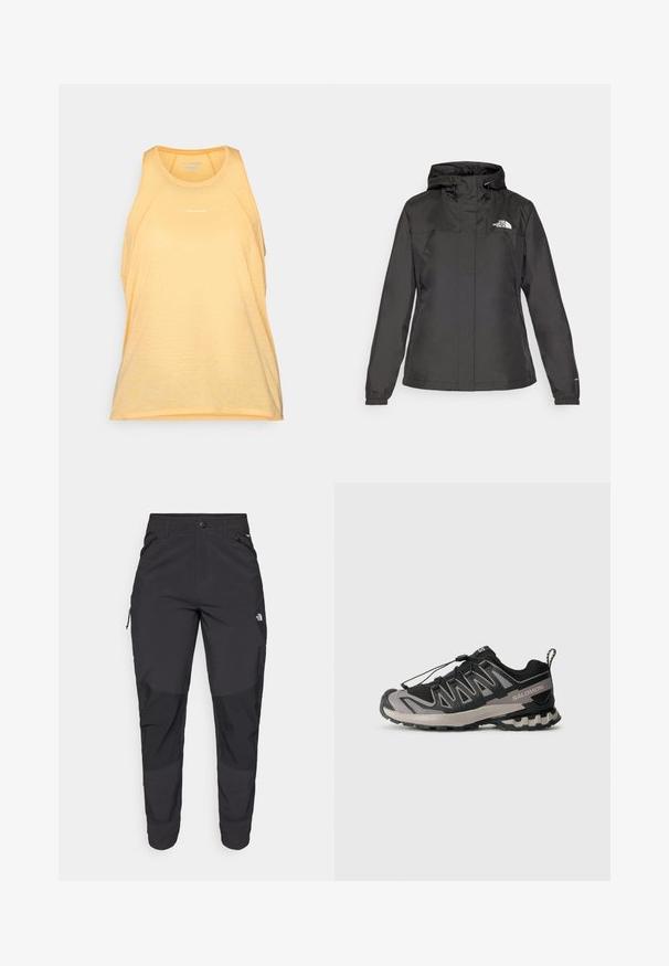 Jachetă impermeabilă neagră cu un design ajustat, glugă cu șnur reglabil și manșete elastice. Prezintă logo pe pieptul stâng și o textură netedă.; Top sportiv galben, realizat dintr-un material respirabil. Are un decolteu rotund, un design fără mâneci și o textură subtilă. Logo-ul brandului este afisat.; Pantaloni de exterior negri, dintr-un material rezistent. Prezintă buzunare cu fermoar, panouri întărite pentru genunchi și un design drept pentru mobilitate.; Pantofila sportivă neagră și gri, cu partea superioară din plasă, talpă din cauciuc și sistem de șireturi elastice. Are un vârf întărit și accente texturate.