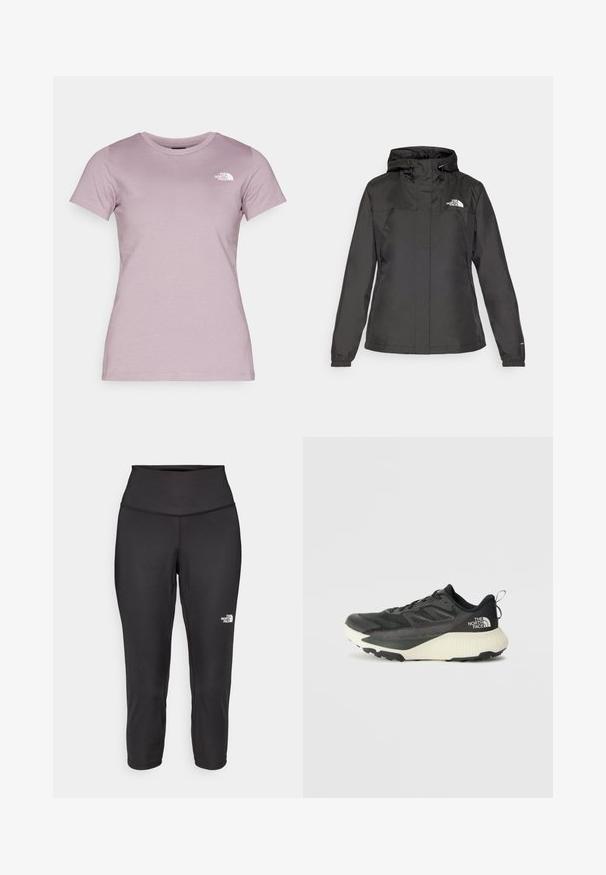 Sort vandtæt jakke med en tætsiddende design, justerbar snoretrækhætte og elastiske manchetter. Har logo på venstre bryst og glat tekstur.; The North Face W SS SD SLIM TEE - T-shirts basic - purple chalk; Sorte capri leggings lavet af strækbart stof, med en høj talje og et lille hvidt logo på venstre side. Glat tekstur.; Sort atletiksko med en tekstureret overdel, prydet med grå accenter og en hvid mellemsål. Inkluderer en trækslynge og en fremtrædende mærkelogo på hælen.