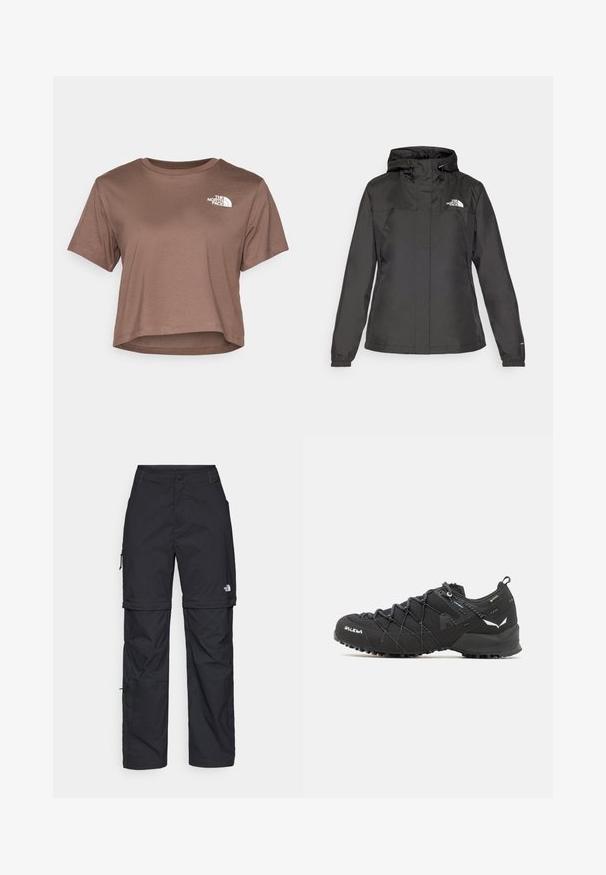 Melna ūdensizturīga jaka ar pieguļošu dizainu, regulējamu kapuci ar stringa aizdari un elastīgām aprocēm. Iekļauj logotipu kreisajā krūtī un gludu tekstūru.; The North Face SIMPLE DOME CROPPED SLIM TEE - Apdrukāts T-krekls - smokey brown; Melni nailona bikses ar noņemamām kājām, regulējamiem uzmavām, vairākām kabatām un logotipu uz labās kājas. Gluda, viegla tekstūra.; Melnas pārgājienu kurpes ar teksturētu auduma virsu, šņorēšanas sistēmu un izturīgu gumijas zoli. Akcentētas ar atstarojošām detaļām un logo.