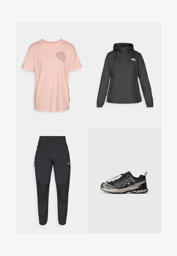 Crna vodootporna jakna s uskim krojem, podesivim kapuljačom s vezicom i elastičnim manžetama. Sadrži logo na lijevoj strani prsnog koša i glatku teksturu.; Svijetlo ružičasta pamučna majica kratkih rukava, s okruglim izrezom i crnim grafičkim natpisom "VIDIMO SE OVDJE" na lijevoj strani prsnog područja.; Crne vanjske hlače izrađene od izdržljivog materijala. Imaju džepove sa zatvaračem, ojačane paneli na koljenima i ravni kroj za slobodu pokreta.; Crno-siva atletska cipela s mrežastim gornjim dijelom, gumenim potplatom i elastičnim sistemom vezanja. Ima pojačani vrh i strukturirane detalje.