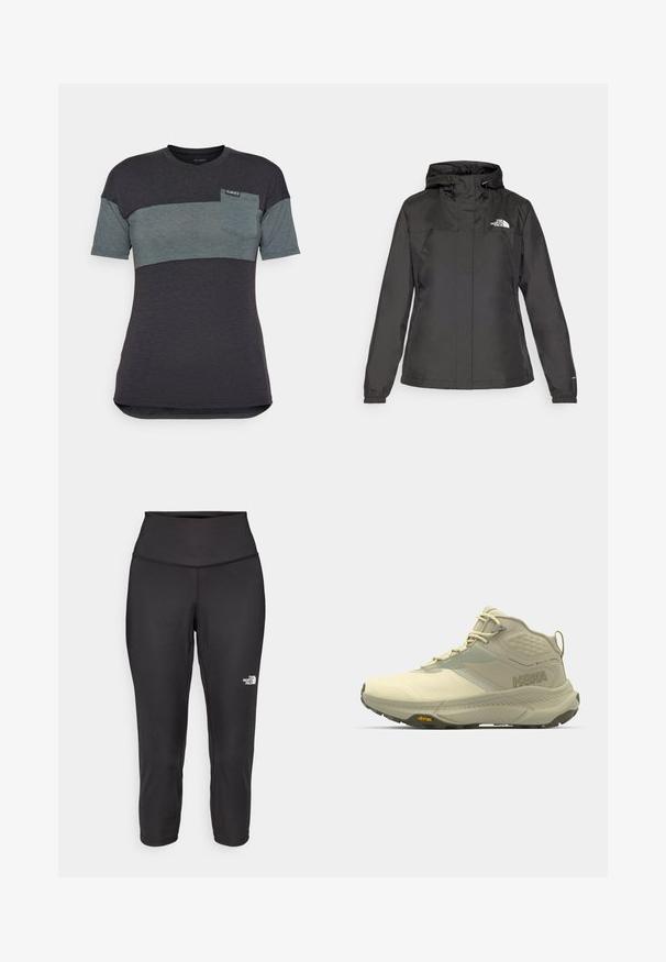 Crna vodootporna jakna s uskim krojem, podesivim kapuljačom s vezicom i elastičnim manžetama. Sadrži logo na lijevoj strani prsnog koša i glatku teksturu.; Majica kratkih rukava u tamno sivoj i tirkiznoj boji s horizontalnim blokom boja, s džepom na prsima i oznakom na izrezu.; Crne capri tajice izrađene od rastezljivog materijala, s visokim strukom i malim bijelim logotipom s lijeve strane. Glatka tekstura.; Hoka planinarska čizma u svijetloj bež boji, s teksturiranim gornjim dijelom, vezanjem i Vibram potplatom. Izdvajajući bočni logo i potporni dizajn.