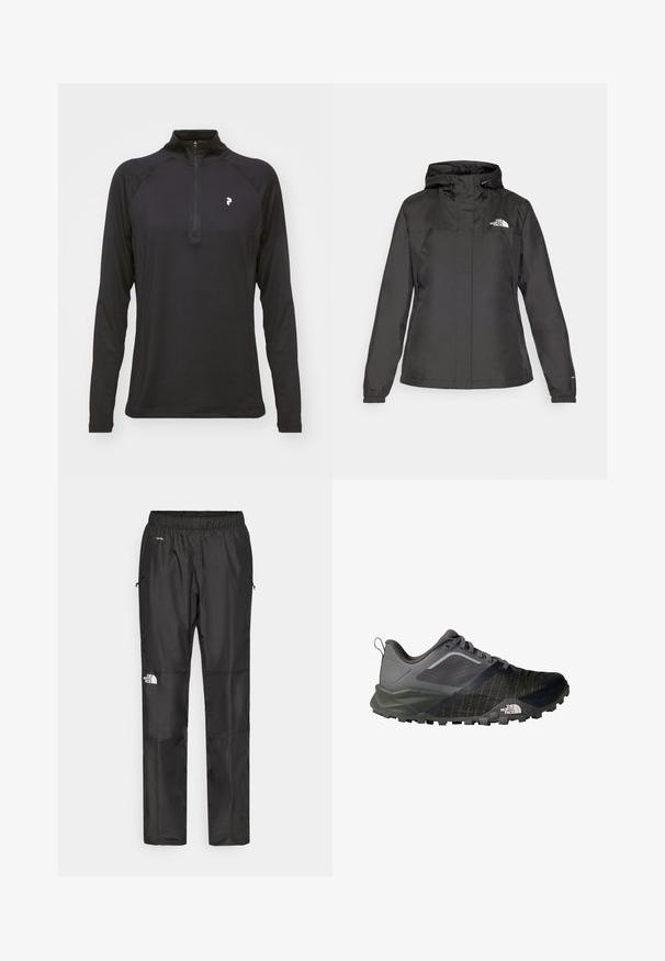 Czarna wodoodporna kurtka o dopasowanym kroju, z regulowanym kapturem ze sznurkiem i elastycznymi mankietami. Posiada logo na lewej piersi oraz gładką teksturę.; Czarny longsleeve z ćwierć zamkiem, o gładkiej fakturze i dopasowanym kroju. Posiada raglanowe rękawy oraz małe białe logo na piersi.; Czarne wodoodporne spodnie wykonane z lekkiego materiału, z elastycznym pasem, bocznymi kieszeniami i logo na lewym nogawce.; Buty do biegania w terenie w ciemnoszarym kolorze z czarnymi akcentami, z siateczkową cholewką, teksturowaną podeszwą i wyraźnym logo po boku.