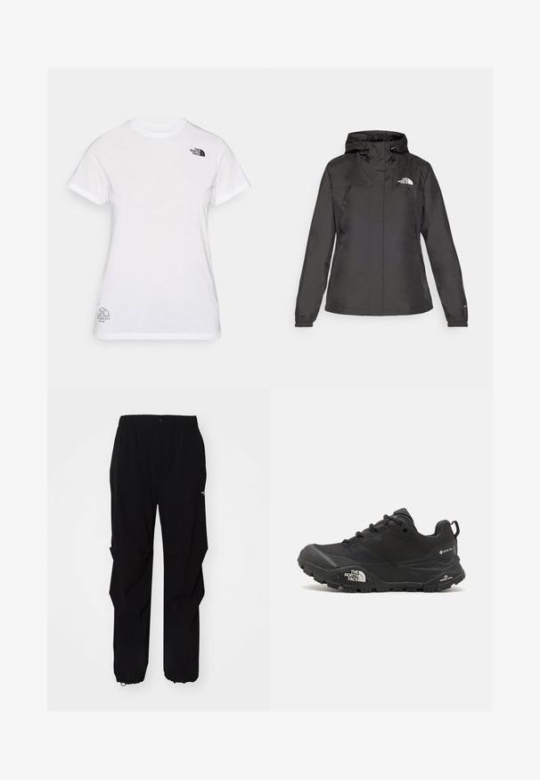 Casaco impermeável preto com design ajustado, capuz com cordão ajustável e punhos elásticos. Apresenta logotipo no lado esquerdo do peito e textura suave.; T-shirt branca de algodão com um logótipo preto no lado esquerdo do peito e um design gráfico cinza na parte inferior direita. Decote redondo clássico e mangas curtas.; Calças exteriores pretas feitas de material durável, com um ajuste relaxado, cintura elástica e punhos ajustáveis para comprimento personalizável.; Shoe de caminhada preto com um upper texturizado, fecho de atacador e uma sola de borracha robusta com um logótipo proeminente na lateral e padrões de piso.