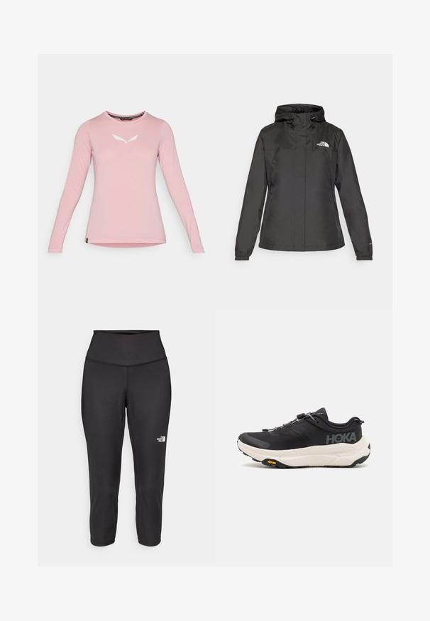 Black waterproof jacket with a fitted design, adjustable drawstring hood, and elastic cuffs. Features logo on left chest and smooth texture.; Pink long-sleeve crewneck shirt with white minimalist logo centered on the chest, displayed on a plain white background.; Black capri leggings made from stretchy fabric, featuring a high waistband and a small white logo on the left side. Smooth texture.; Black athletic shoes with a breathable mesh upper, rubber outsole, white cushioning midsole, and reflective laces. Vibram logo on outsole.