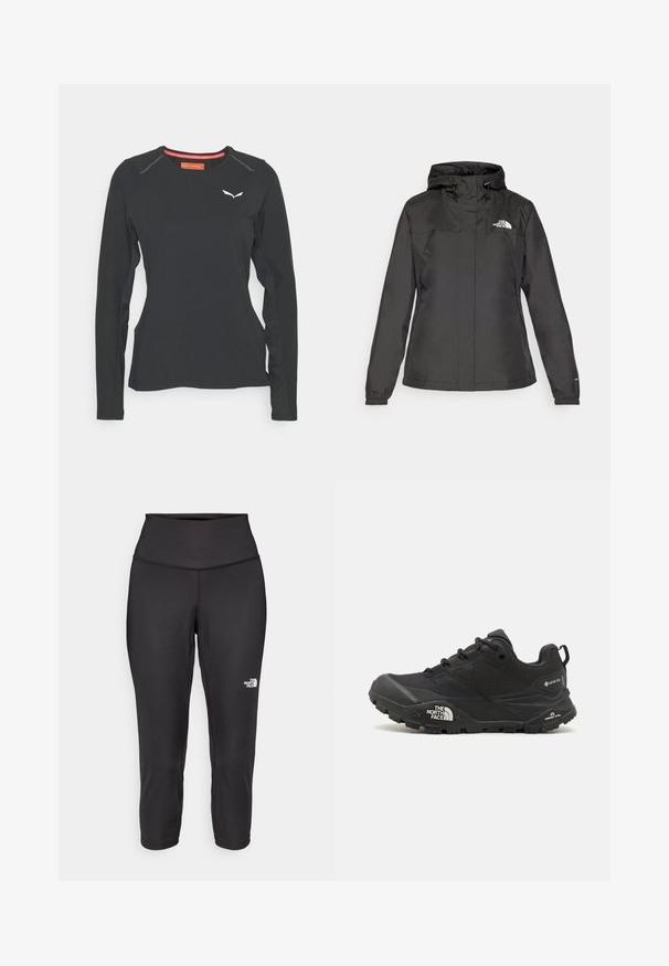 Čierna nepremokavá bunda s priliehavým strihom, nastaviteľnou kapucňou na šnúrku a elastickými manžetami. Obsahuje logo na ľavej hrudi a hladký povrch.; Salewa PEDROC DRY TEE W. - Top s dlhým rukávom - black out; Čierne capri legíny vyrobené z elastickej tkaniny, s vysokým pásom a malým bielym logom na ľavej strane. Hladká textúra.; Čierna turistická obuv s textúrovaným povrchom, šnurovaním a masívnou gumovou podrážkou, na strane so zreteľným logom a vzormi na protišmykovú trakciu.