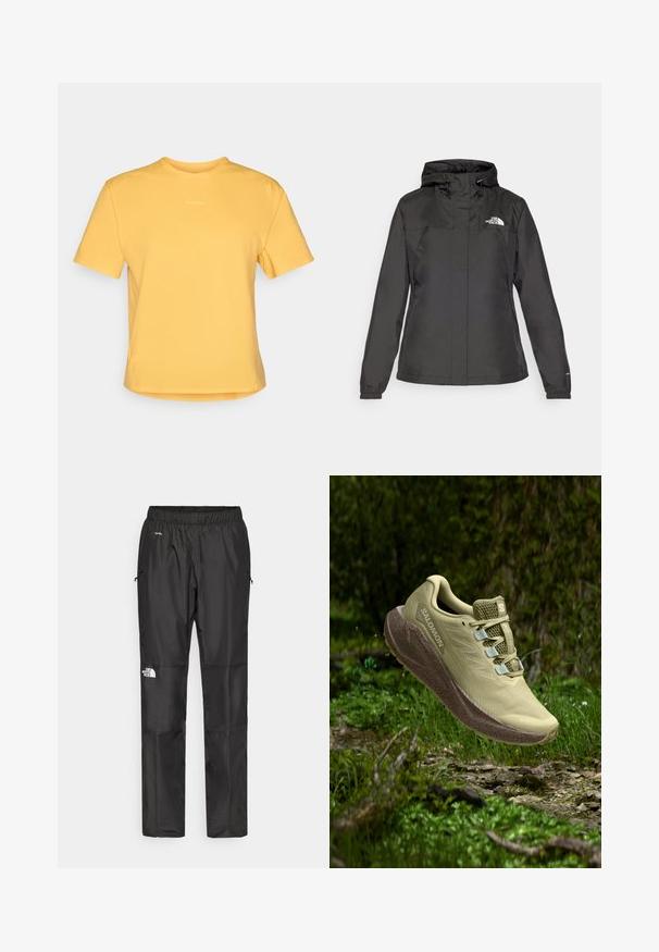 Casaco impermeável preto com design ajustado, capuz com cordão ajustável e punhos elásticos. Apresenta logotipo no lado esquerdo do peito e textura suave.; T-shirt amarelo de manga curta com decote redondo, feito de tecido macio. Apresenta um logo discreto no peito e uma bainha reta.; Calças pretas à prova d'água feitas de um tecido leve, com cintura elástica, bolsos laterais e um logótipo na perna esquerda.; Shoe de trail running verde-claro com parte superior em malha texturizada, detalhes refletivos e solado acolchoado. Flutuando acima de um terreno gramado.