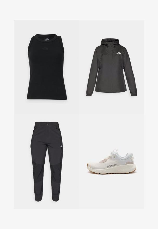 Crna vodootporna jakna s uskim krojem, podesivim kapuljačom s vezicom i elastičnim manžetama. Sadrži logo na lijevoj strani prsnog koša i glatku teksturu.; Crna rebrasta majica bez rukava s okruglim izrezom. Ima diskretni logo na prsima i glatku teksturu.; Crne vanjske hlače izrađene od izdržljivog materijala. Imaju džepove sa zatvaračem, ojačane paneli na koljenima i ravni kroj za slobodu pokreta.; Lagani atletski cipele Columbia izrađene od bijele mrežaste tkanine s teksturiranom sivom potplatom i gumom za bolje prianjanje. Imaju podstavljeni ovratnik i dizajn s vezicama.