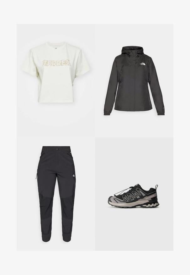 Zwarte waterdichte jas met een aansluitend ontwerp, verstelbare trekkoordkap en elastische manchetten. Heeft een logo op de linkerborst en een gladde textuur.; Korte witte t-shirt gemaakt van katoen met een lichtbruine grafische tekst en natuurelementen die "TERREX" zegt. Korte mouwen, ronde halslijn.; Zwarte outdoorbroek gemaakt van duurzaam materiaal. Voorzien van ritszakken, versterkte knieën en een rechte snit voor optimale bewegingsvrijheid.; Zwart en grijs sportieve schoen met een bovenwerk van mesh, rubberen zool en een elastisch vetersysteem. Heeft een verstevigde neus en textuuraccenten.