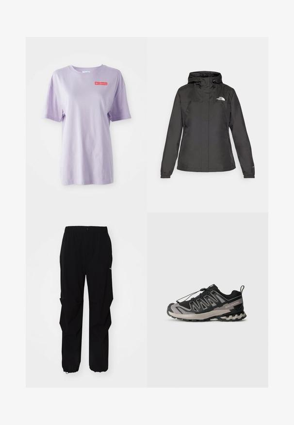 Black waterproof jacket with a fitted design, adjustable drawstring hood, and elastic cuffs. Features logo on left chest and smooth texture.; Lavender short-sleeve t-shirt made of cotton with a round neck and a red Columbia logo on the front. Smooth texture, relaxed fit.; Black outdoor pants made from durable material, featuring a relaxed fit, elastic waistband, and cinched cuffs for adjustable length.; Black and gray athletic shoe with mesh upper, rubber sole, and elastic lace system. Features a reinforced toe and textured accents.