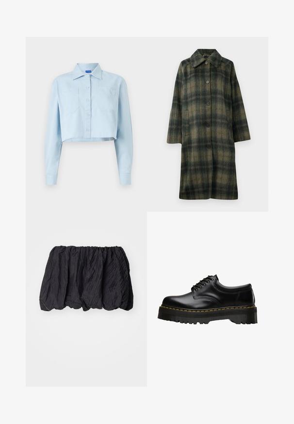 Zielona kurtka w kratę z wyciętym kołnierzem, pięcioma czarnymi guzikami i średniej długości krojem. Wykonana z fakturowanej tkaniny z poziomymi paskami.; Czarny, oversize sweter z okrągłym dekoltem i długimi rękawami, prezentowany na białym tle. Prosty i casualowy design.; Jasnoniebieska krótkoterminowa koszula wykonana z miękkiej bawełny. Posiada wywinięty kołnierzyk, zapięcie na guziki z przodu, dwie kieszenie na piersi oraz haft serduszka na jednej z kieszeni.; Czarny top z pomarszczonego materiału z elastycznym paskiem w talii, o teksturowanej powierzchni i marszczonym wzorze, nadający objętości.; Czarne skórzane buty sznurowane z grubą, ząbkowaną czarną gumową podeszwą i żółtym przeszyciem wzdłuż krawędzi, charakteryzujące się gładkim wykończeniem.