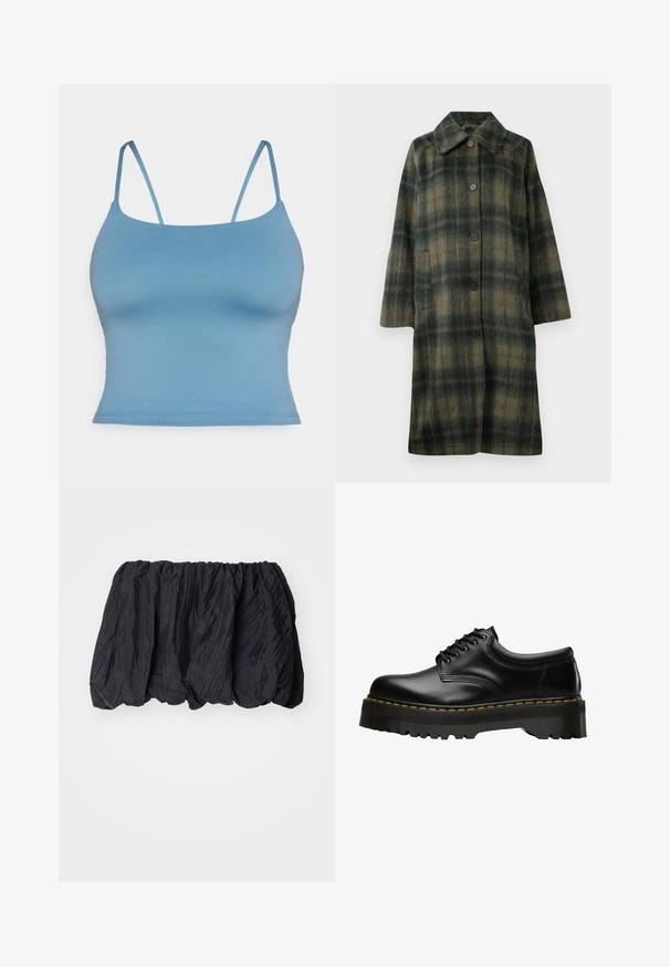 Zeleni plaid plašč z izrezanim ovratnikom, petimi črnimi gumbi in srednjo dolžino. Izdelan iz teksturirane tkanine s horizontalnimi črtami.; Modra urezana majica s tankimi naramnicami, narejena iz gladkega raztegljivega blaga. Enostaven dizajn s ravnim robom in brez dodatnih podrobnosti.; Črn gubani vrh iz tkanine z elastičnim pasom, ki ima teksturirano površino in nabrano zasnovo za voluminозно obliko.; Črne usnjene čevlje z vezalkami, debelim zobatim črnim gumijastim podplatom in rumenim šivom ob robu, ki imajo gladek finiš.