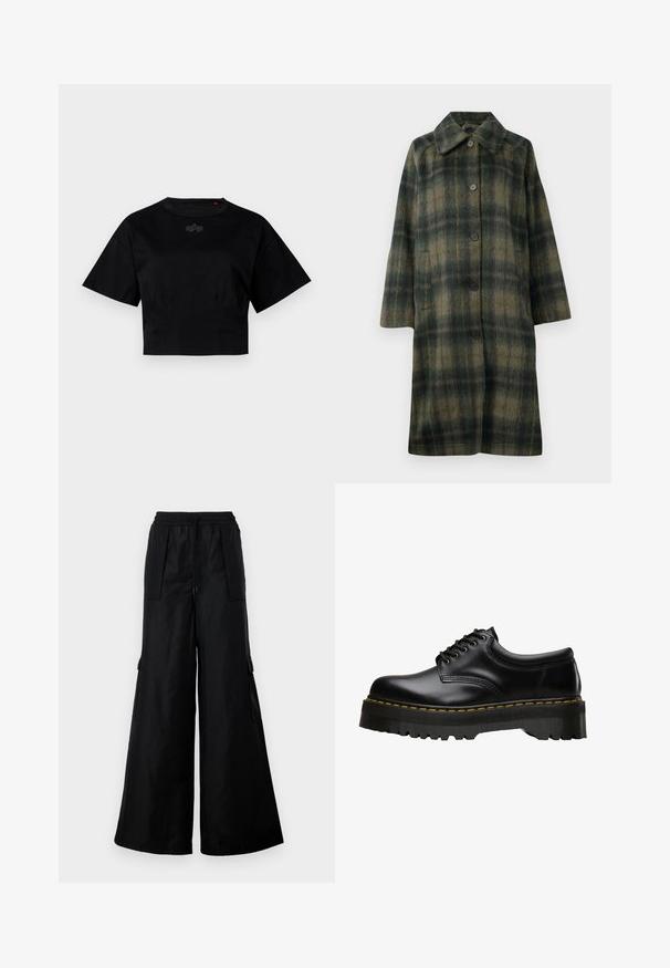 Grønn rutete frakk med notched krage, fem svarte knapper og middels lengde. Laget av teksturert stoff med horisontale striper.; Svart avkortet t-skjorte laget av bomull. Har kort ermer og rund halsutskjæring. Inkluderer en subtil logodetalj på brystet.; Svarte vide cargo-bukser laget av et glatt, lett materiale. Har elastisk liv, snøring og sidelommer.; Svarte lær snøresko med en tykk, taggete svart gummisåle og gule sømmer langs kanten, med en glatt overflate.