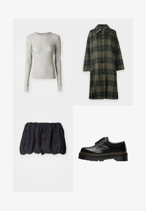 Zelený kostkovaný kabát s klopovým límcem, pěti černými knoflíky a střední délkou. Vyroben z texturované tkaniny s vodorovnými pruhy.; Dlouhý rukáv top v světle šedé barvě se geometrickým diamantovým vzorem v tmavě šedé barvě a zelenými akcenty, s kulatým výstřihem a přiléhavým střihem.; Černý zmačkaný top z látky s elastickým pasem, s texturovaným povrchem a řaseným designem pro objemný tvar.; Černé kožené šněrovací boty s tlustou, zoubkovanou černou gumovou podrážkou a žlutým prošíváním podél okraje, s hladkým povrchem.