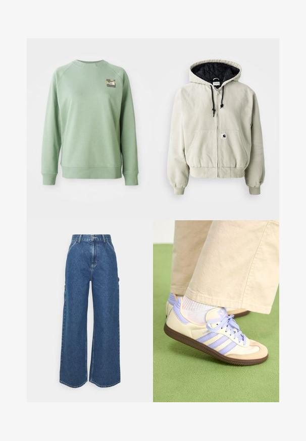 Chaqueta con capucha y cremallera en algodón beige claro; interior acolchado negro, cordones ajustables, dos bolsillos frontales y puños elásticos.; Sudadera verde con cuello redondo, puños y dobladillo acanalados. Presenta un pequeño gráfico floral en la parte superior izquierda del pecho. Textura suave.; Pantalones vaqueros de pierna ancha en azul con cintura alta, costuras en contraste y bolsillos laterales, que cuentan con un diseño clásico de cinco bolsillos y dobladillos sin rematar.; Zapatillas de crema y lavanda con tres rayas y una suela marrón texturizada, que cuentan con cordones y un talón acolchado. Parte superior de tela suave.