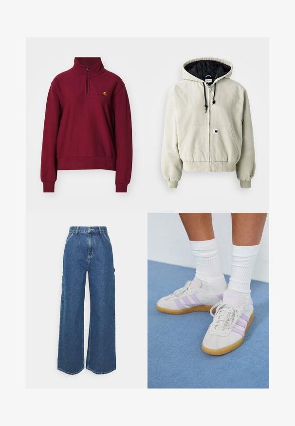 Giacca con zip con cappuccio in cotone beige chiaro; interno trapuntato nero, cordini regolabili, due tasche frontali e polsini elastici.; Carhartt WIP AMERICAN HIGH NECK - Felpa - malbec; Pantaloni in denim blu a gamba larga con vita alta, cuciture a contrasto e tasche laterali, caratterizzati da un classico design a cinque tasche e orli grezzi.; Sneaker in suede grigio chiaro con tre strisce lilla, suola in gomma naturale, lacci piatti e calzini bianchi a costine. Ambientate su uno sfondo blu.