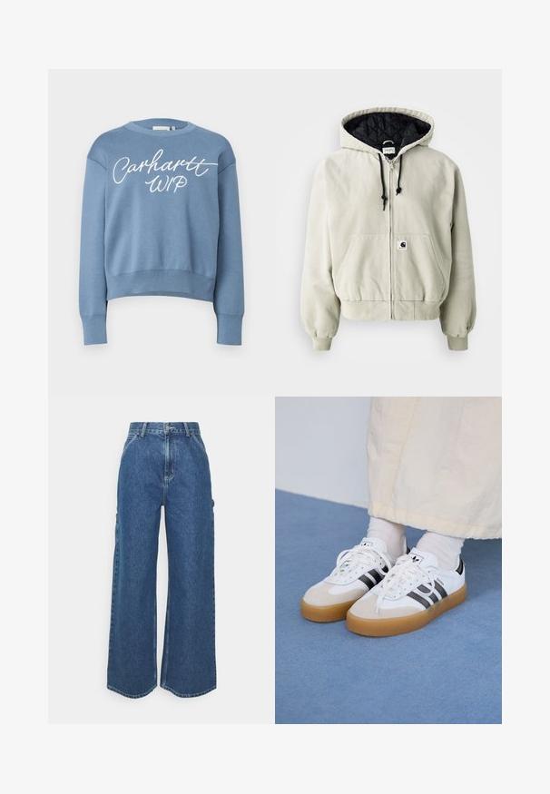Hooded zip jacket in light beige cotton; quilted black interior, adjustable drawstrings, two front pockets, and elastic cuffs.; Blue knitted sweatshirt with a round neckline, long sleeves, and a cropped hem. Features white "Carhartt WIP" logo print on the front.; Wide-leg blue denim trousers with a high waist, contrasting stitching, and side pockets, featuring a classic five-pocket design and raw hems.; White sneakers with black stripes and beige suede accents. Feature a textured gum sole and flat white laces, worn with light-colored socks.