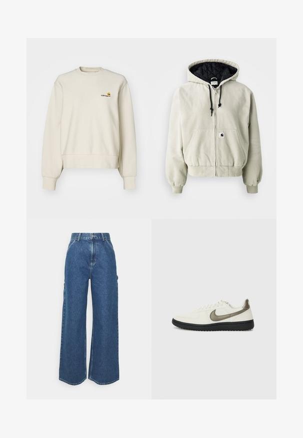 Veste zippée à capuche en coton beige clair ; intérieur matelassé noir, cordons de serrage réglables, deux poches avant et poignets élastiques.; Sweatshirt couleur crème en tissu doux, doté d'un col rond, de poignets côtelés et d'un petit logo brodé sur la poitrine.; Pantalons en denim bleu à jambes larges avec taille haute, couture contrastée et poches latérales, présentant un design classique à cinq poches et des ourlets bruts.; Nike Sportswear FIELD GENERAL - Baskets basses - off-white/black