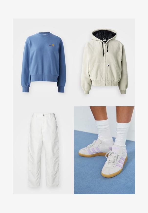 Kapitánka na zips v svetlo béžovej bavne; prešívaný čierny interiér, nastaviteľné šnúrky, dve predné vrecká a elastické manžety.; Modrá bavlnená mikina s rebrovanými manžetami a lemom. Disponuje malým vyšívaným logom na hrudi. Klasický výstrih, voľný strih.; Biele cargo nohavice vyrobené z denimu, s voľným strihom, bočnými vreckami a viditeľnými švami. Jednoduchý predný diel so zapínaním na gombík.; Svetlo šedé semišové tenisky s tromi fialovými pruhmi, gumenou podrážkou, plochými šnúrkami a bielymi rebrovanými ponožkami. Na modrom pozadí.