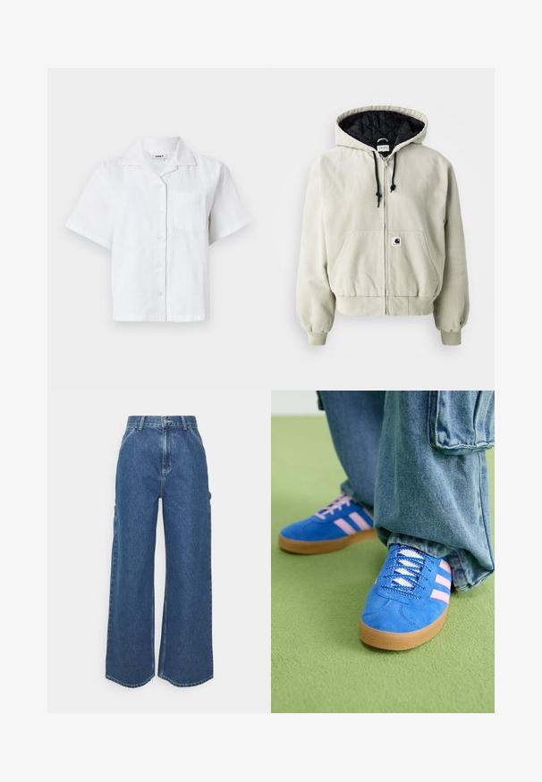 Hooded zip jacket in light beige cotton; quilted black interior, adjustable drawstrings, two front pockets, and elastic cuffs.; Short-sleeve white shirt featuring a textured pattern, button front, and chest pocket. Made from lightweight fabric with a relaxed fit.; Wide-leg blue denim trousers with a high waist, contrasting stitching, and side pockets, featuring a classic five-pocket design and raw hems.; Blue suede shoes with pink stripes and white laces, featuring a gum rubber sole, paired with loose denim pants on a green surface.