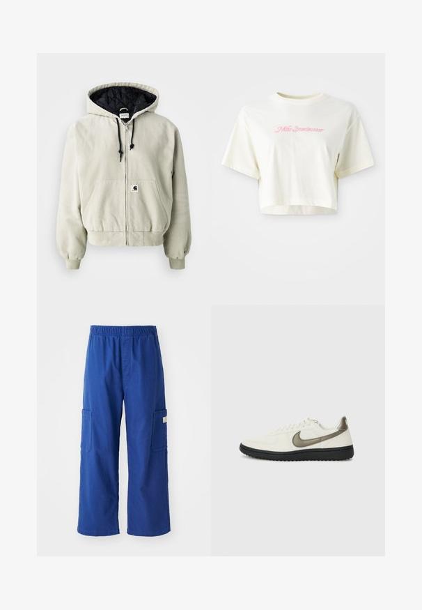 Φόρμα μπουφάν με κουκούλα σε ανοιχτό μπεζ βαμβάκι; επενδυμένη μαύρη εσωτερική πλευρά, ρυθμιζόμενα κορδόνια, δύο μπροστινές τσέπες και ελαστικές μανσέτες.; Λιτή, κρεμ μπλούζα από βαμβάκι με κοντό μήκος. Διαθέτει ροζ κεντητό λογότυπο που γράφει "Nike Sportwear". Έχει κοντά μανίκια και στρογγυλή λαιμόκοψη.; Βασιλικά μπλε παντελόνια cargo με ελαστική μέση, διαθέτοντας δύο τσέπες στο πλάι και χαλαρή, ίσια σχεδίαση.; Nike Sportswear FIELD GENERAL - Αθλητικά παπούτσια - off-white/black