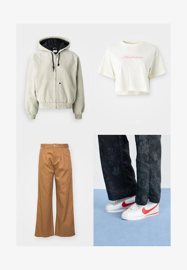 Hooded zip jacket in light beige cotton; quilted black interior, adjustable drawstrings, two front pockets, and elastic cuffs.; Cropped, cream-colored t-shirt made of cotton. Features a pink embroidered logo that reads "Nike Sportwear." Short sleeves and a round neckline.; Light brown wide-leg trousers with a textured fabric, featuring front pleats and a single button closure at the waist.; White Nike sneakers with red accents, paired with black pants featuring a floral pattern. Texture is smooth with a flat braid sole.