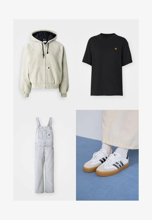 Hooded zip jacket in light beige cotton; quilted black interior, adjustable drawstrings, two front pockets, and elastic cuffs.; Black cotton t-shirt with a relaxed fit. Features a round neck and short sleeves. Includes a small gold embroidered logo on the chest.; Gray denim overalls with adjustable straps, a front pocket, and side pockets; loose, straight-leg design; faded wash with minimal texture.; White sneakers with black stripes and beige suede accents. Feature a textured gum sole and flat white laces, worn with light-colored socks.