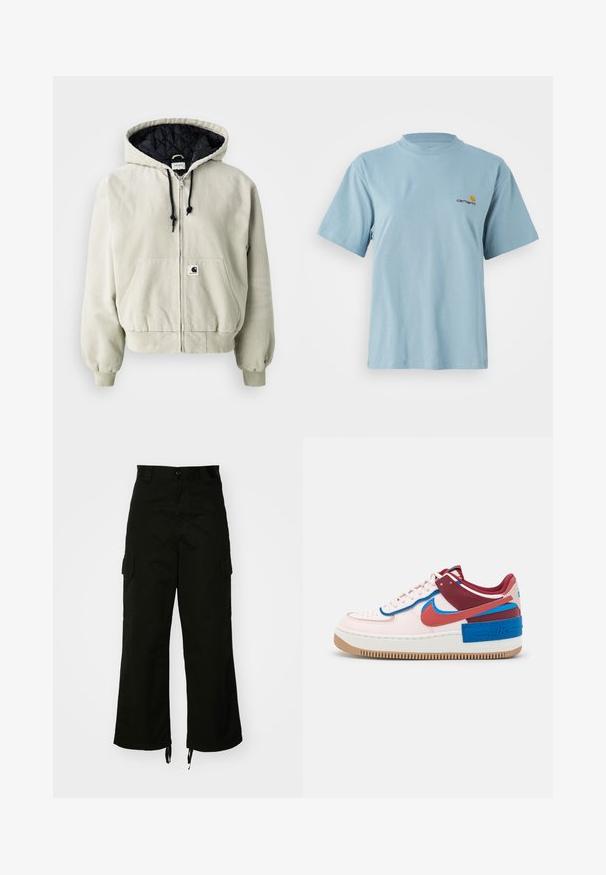 Jachetă cu fermoar cu glugă din bumbac bej deschis; interior căptușit negru, șnururi ajustabile, două buzunare frontale și manșete elastice.; Tricou din bumbac, de culoare albastru deschis, cu mânecă scurtă, guler rotund și un mic logo Carhartt galben și roșu pe pieptul stâng.; Pantaloni cargo negri din bumbac, cu picioare late, buzunare laterale și tivuri cu șnur. Designul include o închidere cu nasture la talie.; Nike Sportswear AF1 SHADOW - Sneakers low - light soft pink/canyon rust/fossil stone/team red/photo blue/blue jay