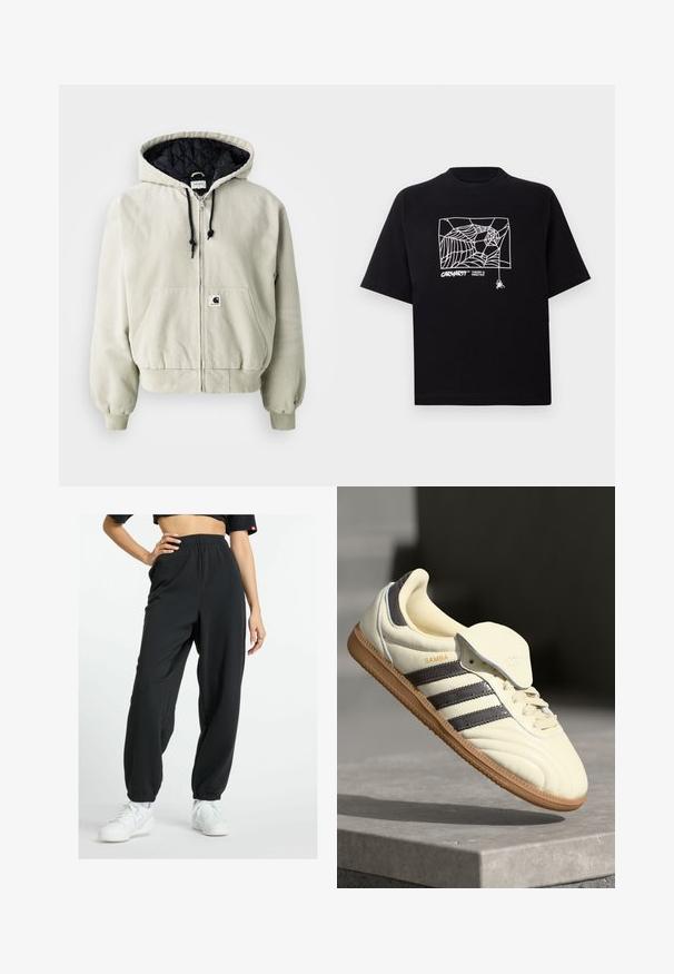 Huppari vetoketjulla vaaleanbeige puuvillasta; musta vuori on tikattu, säädettävät nauhat, kaksi etutaskua ja elastiset hihansuut.; Mustapaita, joka on valmistettu puuvillasta ja jossa on lyhyet hihat. Edessä on valkoinen hämähäkinseittigrafiikka ja logo. Yksinkertainen, pyöreä kaula-aukko.; New Balance ESSENTIALS FRENCH JOGGER - Verryttelyhousut - black; Kreemivärvi nahast tennisekad, millel on kolm tumedat triipu, pruun kummist tald ja ümar varvas. Omab volditavat keelt, millel on silt "SAMBA."