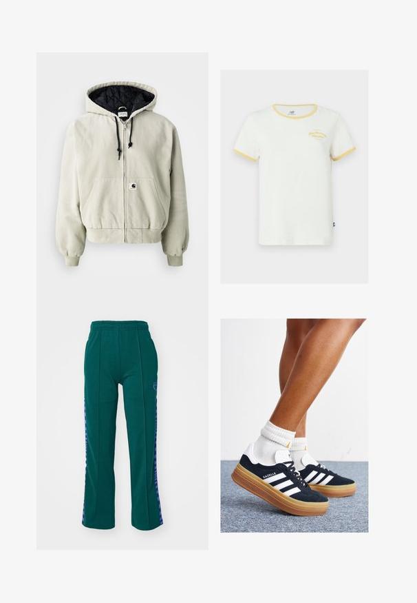 Kapuca z zadrgo v svetlo bež kategoriji; prešita črna notranjost, nastavljivi trakovi, dva sprednja žepa in elastični manšeti.; Bela bombažna majica s rumenimi rebrastimi ovratnikom in manšetami. Ima izvezeno blagovno znamko v rumeni barvi spredaj. Redna prileganje.; Zelene pletene trenirke z elastičnim pasom, ki imajo vijolične črtaste dodatke po straneh in majhen logo na predelu bokov.; Črni antilop superge z belimi črtami in poudarki, okrogel prst, gumijasti podplat, kombinirane z belimi rebrastimi nogavicami.