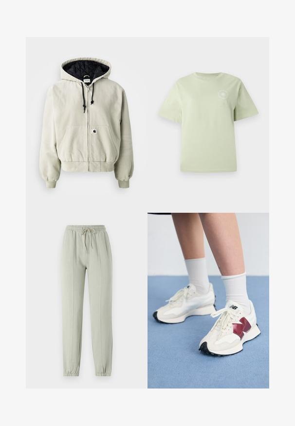 Kurtka z kapturem zapinana na zamek w jasnym beżowym kolorze; pikowana czarna podszewka, regulowane sznurki, dwie kieszenie z przodu i elastyczne mankiety.; Jasnozielona bawełniana koszulka z okrągłym dekoltem, krótkimi rękawami i okrągłym nadrukiem graficznym na piersi. Miękka tekstura, luźny krój.; Jasnozielone spodnie dresowe z elastycznym paskiem w talii, regulowanym sznurkiem i zwężanymi mankietami. Posiada pionowe szwy wzdłuż przodu.; Para białych sneakersów z bordowymi akcentami, teksturowanymi panelami, płaską czarną podeszwą i jasnymi sznurowadłami, noszonych z białymi skarpetkami do kostek.