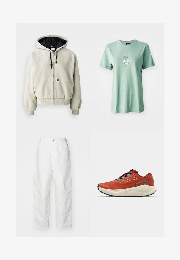 Hooded zip jacket in light beige cotton; quilted black interior, adjustable drawstrings, two front pockets, and elastic cuffs.; Light green cotton t-shirt with short rolled sleeves, featuring a central graphic of a plant in a round pot, logo on the lower front.; White cargo pants made of denim, featuring a relaxed fit, side pockets, and visible stitching details. Plain front with a button closure.; Red running shoe with a textured upper, mesh panels, and turquoise accents. Features a cushioned white midsole and black rubber outsole.