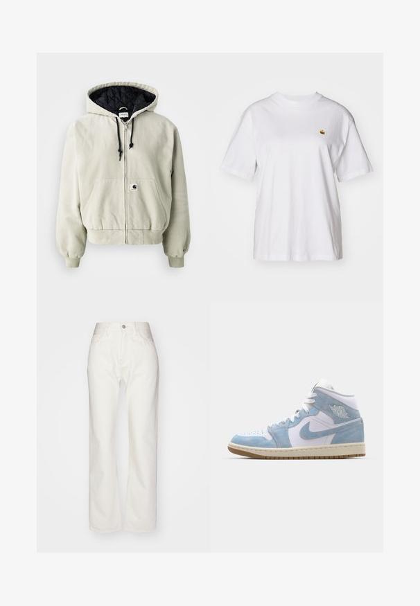 Kapitánka na zips v svetlo béžovej bavne; prešívaný čierny interiér, nastaviteľné šnúrky, dve predné vrecká a elastické manžety.; Biely bavlnený tričko s voľným strihom, krátkymi rukávmi a malým vyšitým logom na ľavej strane hrude.; Biele džínsy so zvýšeným pásom a širokými nohavicami. Majú zapínanie na gombík a zips, pútka na opasok a jemné detaily stehov.; Jordan AIR JORDAN 1 MID SE - Vysoké tenisky - white/worn blue/sail/light brown