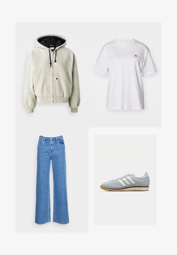 Casaco com capuz em algodão bege claro; interior acolchoado preto, cordões ajustáveis, dois bolsos frontais e punhos elásticos.; T-shirt branca de algodão com um corte descontraído, mangas curtas e um pequeno logótipo bordado na área do peito esquerdo.; Jeans de ganga azul de pernas largas com uma cintura alta, com dois bolsos frontais e fecho com botão. O tecido tem um acabamento ligeiramente texturizado.; Sneakers de camurça azul claro com três riscas brancas, sola de borracha e malha texturizada. Apresenta uma biqueira lisa e marca no calcanhar.