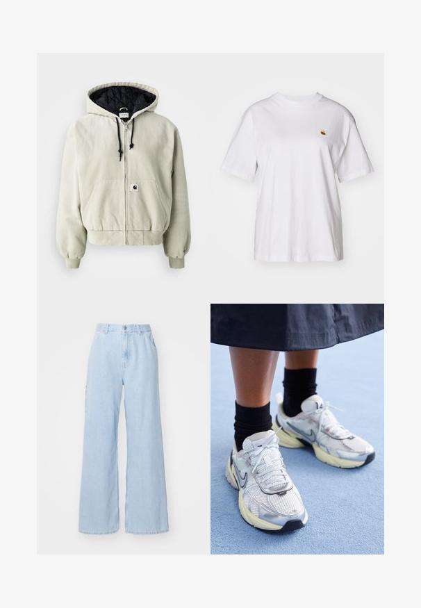 Jachetă cu fermoar cu glugă din bumbac bej deschis; interior căptușit negru, șnururi ajustabile, două buzunare frontale și manșete elastice.; Tricou alb din bumbac cu o croială lejeră, mâneci scurte și un mic logo brodat în zona stângă a pieptului.; Jeans deblua deschis, cu croială largă, realizate din denim, cu buzunare frontale, bucle pentru curea și închidere cu nasture. Textură netedă și finisaj curat.; Adidași Nike albi și argintii, cu material din plasă, accente reflexive și talpă bej. Purtați cu șosete negre, stând pe o suprafață albastră.
