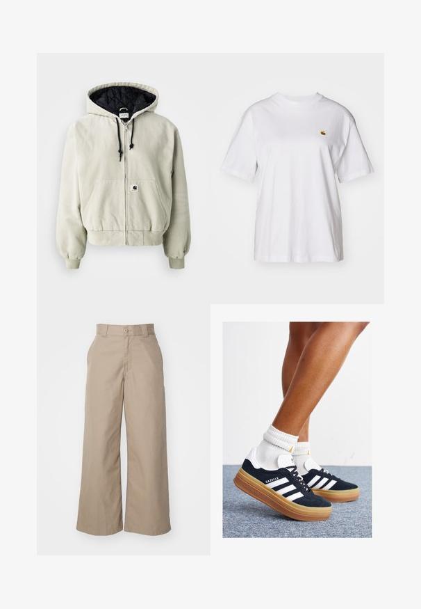 Chaqueta con capucha y cremallera en algodón beige claro; interior acolchado negro, cordones ajustables, dos bolsillos frontales y puños elásticos.; Camisa de algodón blanca con corte relajado, mangas cortas y un pequeño logotipo bordado en el área del pecho izquierdo.; Pantalones de pierna ancha beige hechos de una mezcla de algodón, con una cintura alta, diseño estructurado y bolsillos delanteros.; Zapatillas deportivas de gamuza negra con rayas y detalles blancos, puntera redondeada, suela de goma color caramelo, combinadas con calcetines blancos acanalados a la altura del tobillo.