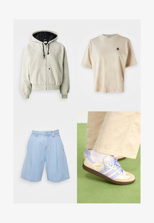 Jakna s kapuljačom na patentni zatvarač u svijetlo bež pamuku; podstava u crnoj jastučnoj tkanini, podesive vrpce, dva prednja džepa i elastične manšete.; Bež pamukasta majica s opuštenim krojem, okruglim izrezom, kratkim rukavima i malim kvadratnim logom na lijevoj strani prsnog područja.; Svijetloplavi traper šorti s visokim strukom, naboranim prednjim dijelom i širokim nogavicama. Ima standardne petlje za pojas i kopčanje gumbom.; Kremasto-ljubičaste tenisice s tri pruge i strukturiranim smeškim potplatom, s vezicama i podstavljenim petom. Mekana gornja tkanina.