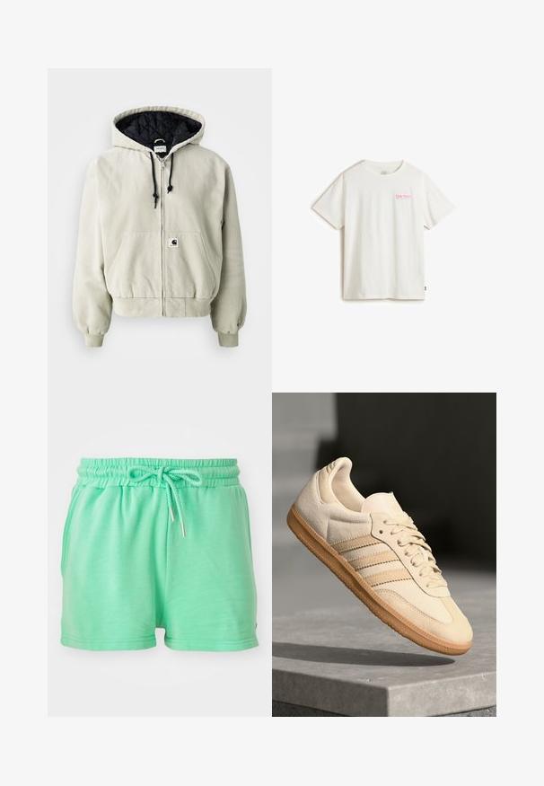 Chaqueta con capucha y cremallera en algodón beige claro; interior acolchado negro, cordones ajustables, dos bolsillos frontales y puños elásticos.; Vans Camiseta estampada - white; Pantalones cortos verde menta de material suave, con una cinturilla elástica y un cordón ajustable, además de bolsillos laterales.; Zapatillas de ante beige claro con suela de goma, tres rayas diagonales y una puntera texturizada. Presenta el logo en la lengüeta y en el lateral.