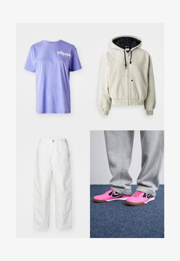Hettegenser med glidelås i lys beige bomull; quiltert svart innside, justerbare snorer, to frontlommer og elastiske ermer.; Lilla bomull t-skjorte med rund hals, korte ermer og hvit "ellesse" logo tekst trykt på forsiden. Glatt tekstur.; Hvite cargo-bukser laget av denim, med en avslappet passform, sidelommer og synlige sømmer. Enkelt front med knapplukking.; Rosa treningesko med svarte detaljer, snøring og gummisåle. Grå joggebukser dekker delvis skoene, plassert på et blått teppe.