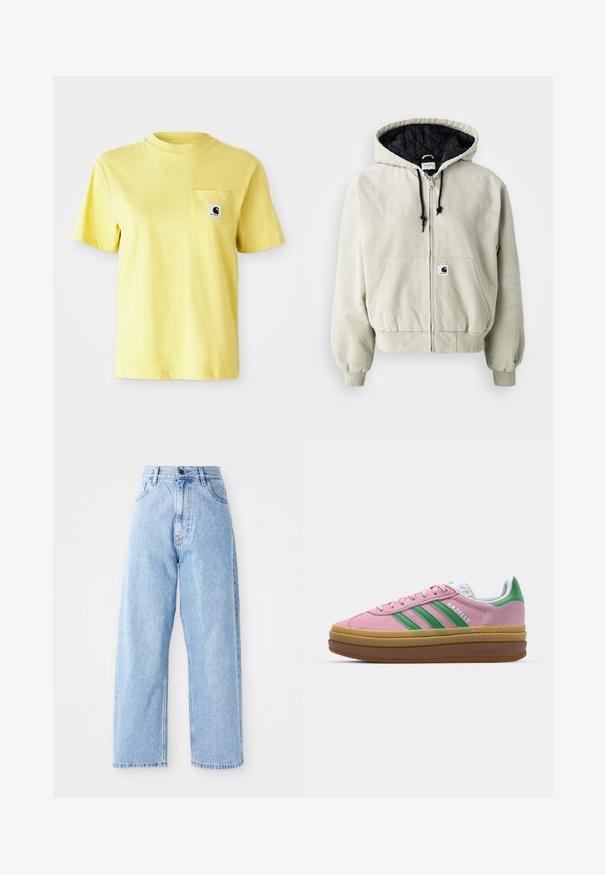 Capuchon ritsjack in lichtbeige katoen; gewatteerde zwarte binnenkant, verstelbare trekkoorden, twee voorkruiingen en elastische manchetten.; Geel katoenen t-shirt met korte mouwen, ronde halslijn en een voorzak met een zwart logo patch. Gladde textuur, casual ontwerp.; Hogewaisted lichtblauwe denim jeans met rechte wijde pijpen, voorste knoop, ritssluiting en voor- en achterkant zakken.; Roze suede sneakers met groene strepen, witte accenten en een bruine rubberen zool. Heeft een gestructureerde stof en logodetails aan de zijkant.