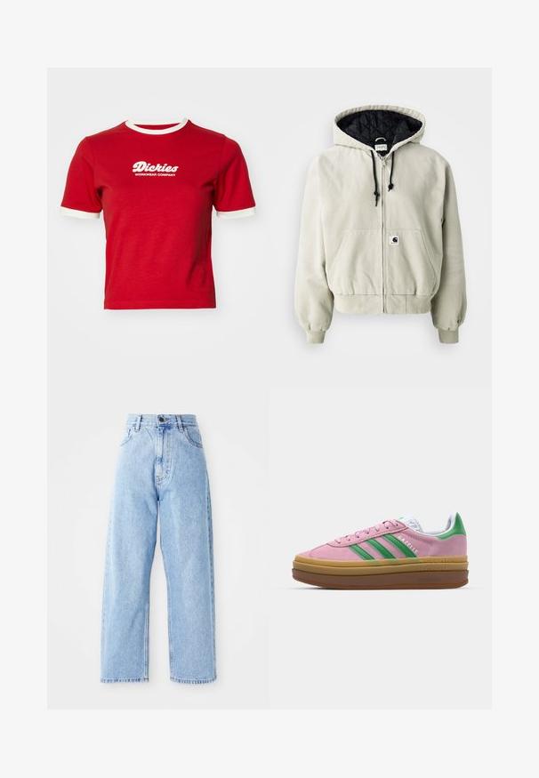 Švarkas su gobtuvu, užtrauktuku, šviesiai bežinės spalvos medvilnės; juoda pagalvėlė viduje, reguliuojamos raišteliai, kišenės priekyje ir elastiniai rankogaliai.; Raudonas medvilnės marškinėliai su baltais kontrastingais kraštais ir apykakle. Priekyje yra balta "Dickies Workwear Company" logotipas.; Aukštu juosmeniu šviesiai mėlynos džinsinės kelnės su tiesiomis plačiomis kojomis, priekinis mygtukas, užtrauktuko uždarymas ir priekinės bei galinės kišenės.; Rožinės zomšinės sportbačiai su žaliomis juostelėmis, baltais akcentais ir ruda guma. Yra tekstūruota medžiaga ir logo detalės ant šono.