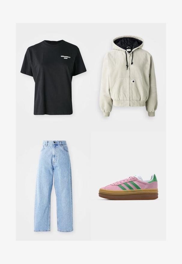 Hooded zippers jakas gaiši bēšā kokvilnā; melna iekšpuse ar kviltingu, regulējami šņorēšanas auklas, divas priekšējās kabatas un elastīgas aproces.; Melnas kokvilnas T-krekls ar apaļu kakla izgriezumu un īsām piedurknēm. Uz kreisās krūts daļas ir balta grafiskā logo.; Augstās jostas vietas gaiši zilas džinsu bikses ar taisnām platām kājām, ar pogu priekšā, rāvējslēdzēja aizdari un priekšējām un aizmugurējām kabatām.; Rozā zamša kedas ar zaļām svītrām, baltām akcentiem un brūnu gumijas zoli. Izstrādātas ar teksturētu audumu un logotipa detaļām sānos.